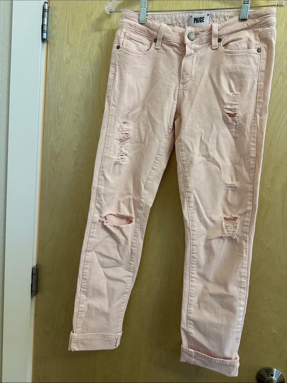 PAIGE Pale Pink Distressed Boyfriend Jeans